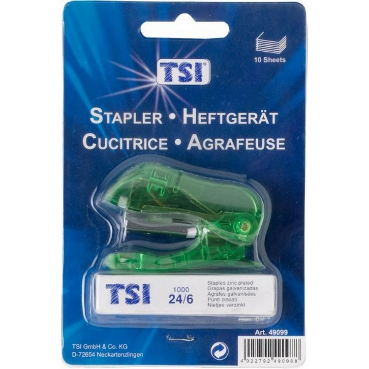 TSI Mini Stapler for Standard Staples, 1000 24/6 Staples, Green